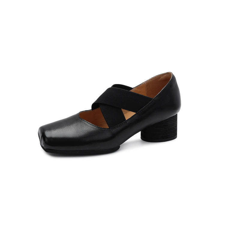 SUYANJIAO Top Grain Cow Leather Chunky Heel Mary Jane Shoes Women's