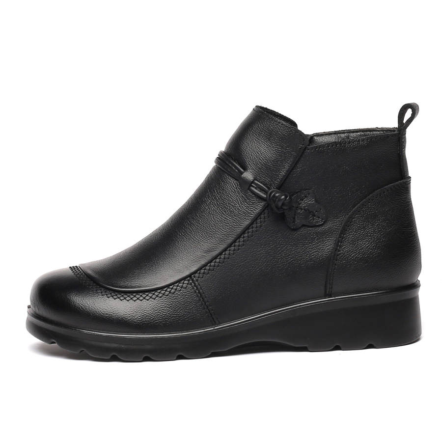 AAA SINCE 1955 Cow Leather Fleece Lined Comfortable, Side Zipper Round Tip Ankle Boots Women's Black