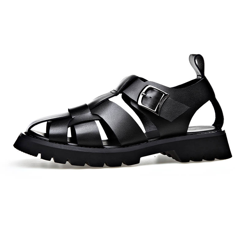 LUOMENG LUOMENG Cow Split Leather Roman Sandals Men's Black