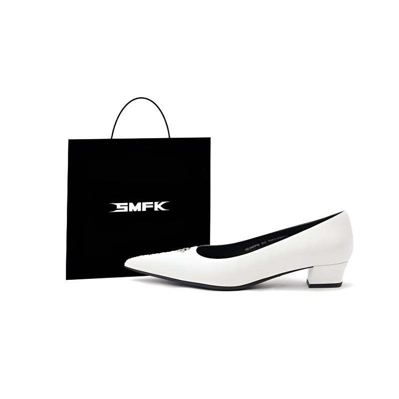 SMFK Cow Leather Chunky Heel High Heels Women's Snow Mountain White