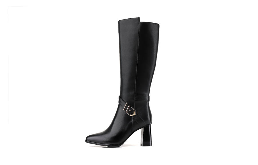 VEDULLAR Leather, Fashion Pointed Toe, Belt Buckles Fleece Lined, Comfortable Versatile Knee high Boots 7cm Women's