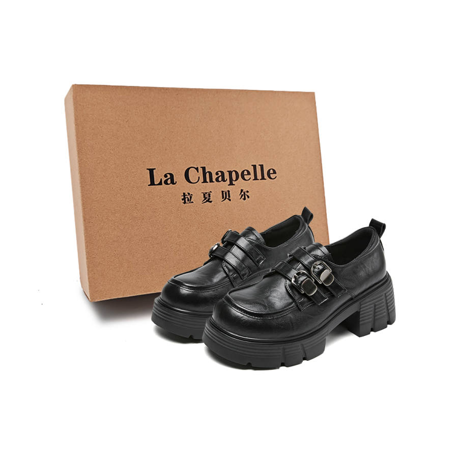 La Chapelle British Style Soft Height Increasing 6.5cm Leather Shoes Chunky Heel High Heels Women's Black