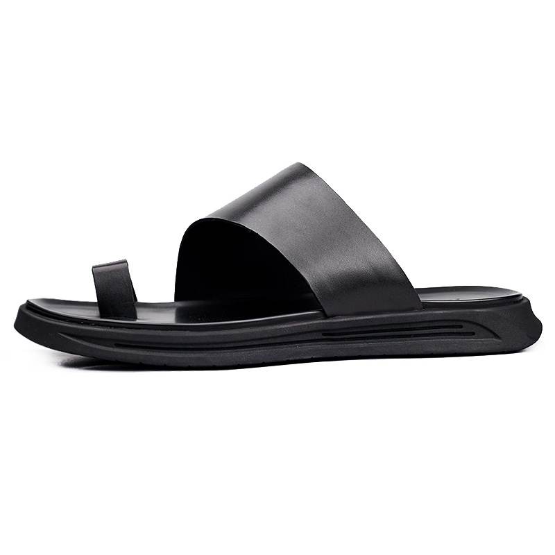 Brounvanm Top Grain Cow Leather Slide Slippers Men's Black