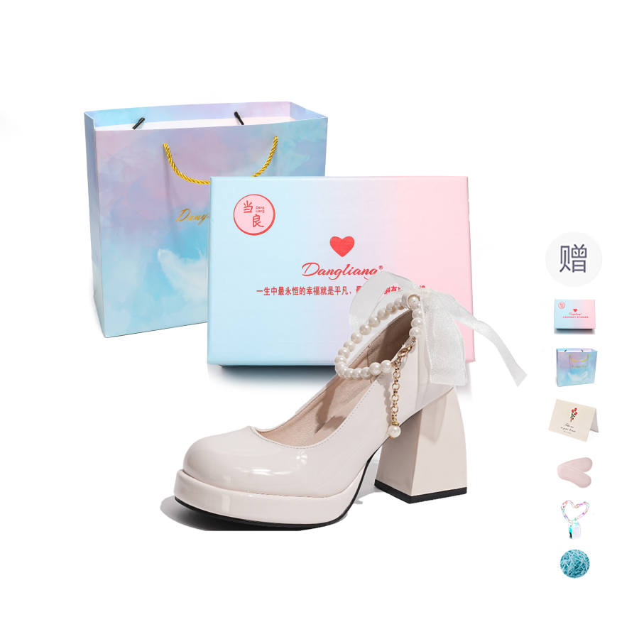 DANGLIANG Shinny Leather Chunky Heel High Heels 8.5cm Women's Gift Box Set