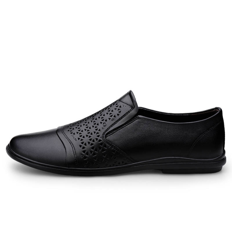 YINGLUNQISHI Top Grain Cow Leather Casual Shoes Men's Black Cut Out