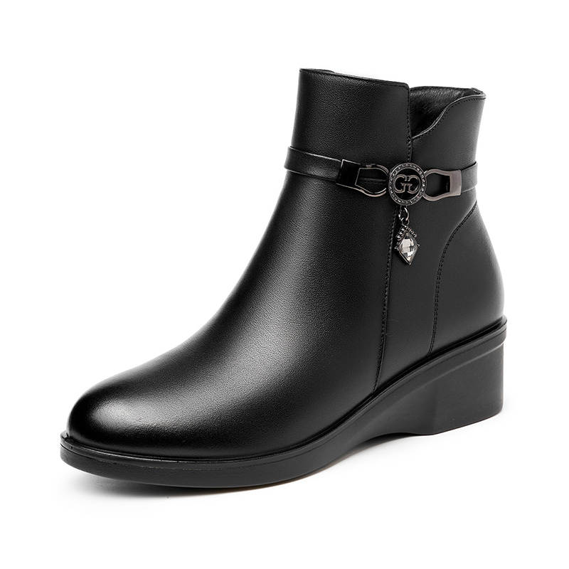 AOKANG Cow Leather Fleece Lined Thermal Commute Versatile Comfortable High Top Casual Ankle Boots Women's Black