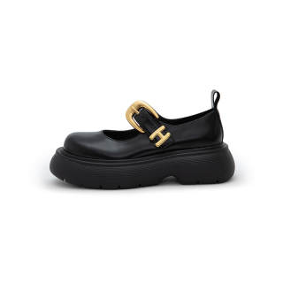 HERLIAN Top Grain Cow Leather Platform Mary Jane Shoes Women's Black