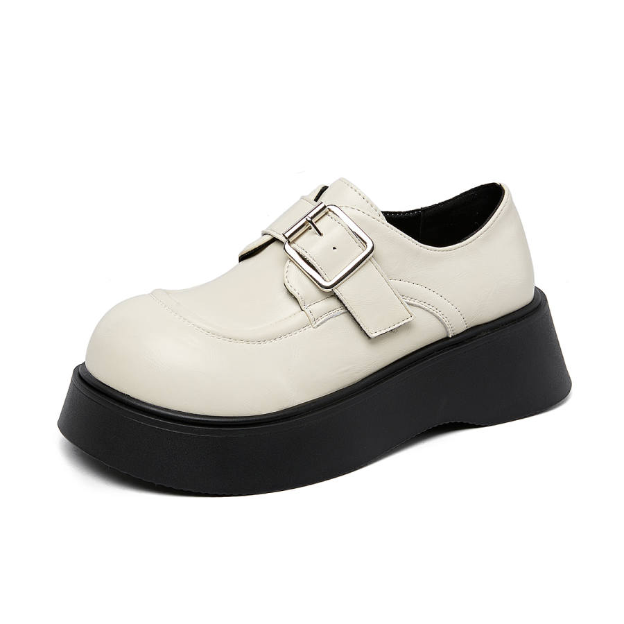 La Chapelle French Effortless Style Shiny Small Leather Shoes Pu Loafers Women's Ecru