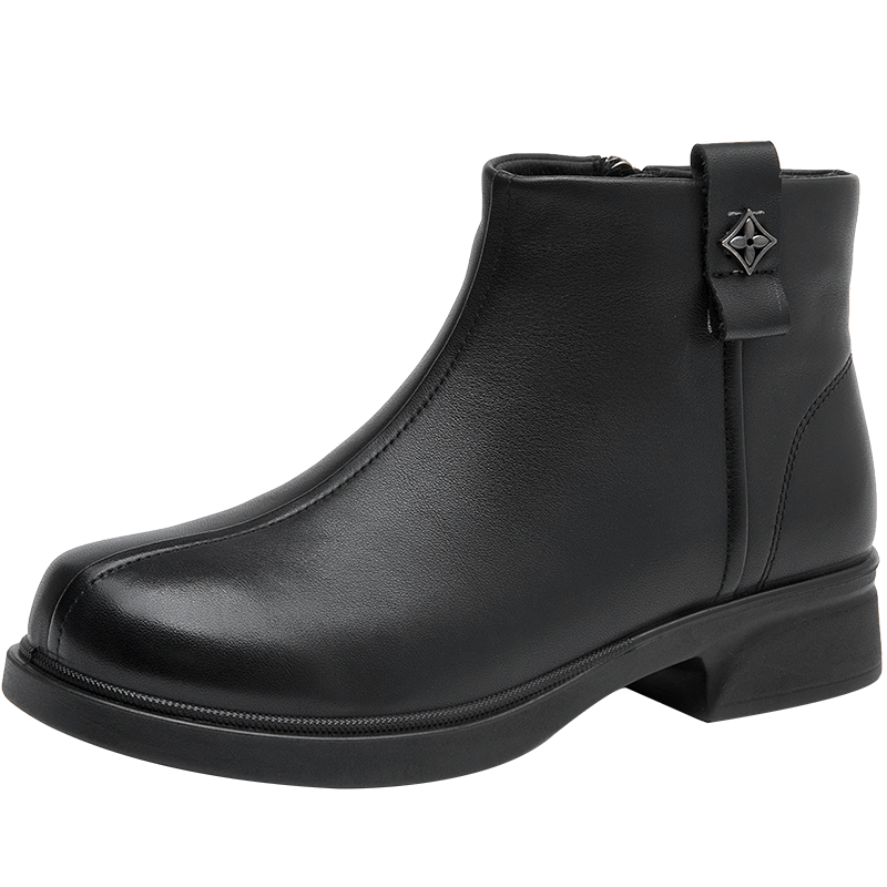 AOKANG Cow Leather Classic, Fashionable, Versatile, Elegant, Comfortable Fleece Lined Ankle Boots 3.5cm Women's Black