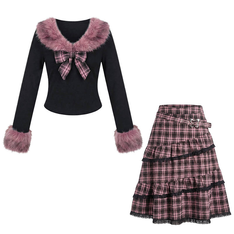 FABRIC PIG Two Piece Skirt Sets Women's Fur Collar Moderate Mid Length