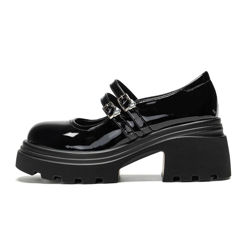 EXULL Q Chunky Heel High Heels 7cm Women's Patent Leather Black