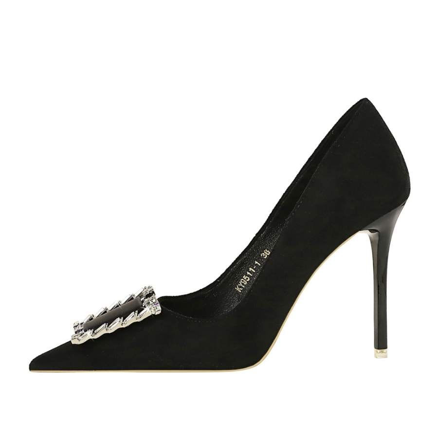 QITUMAUL Suede Slim Heel High Heels 10.5cm Women's Black