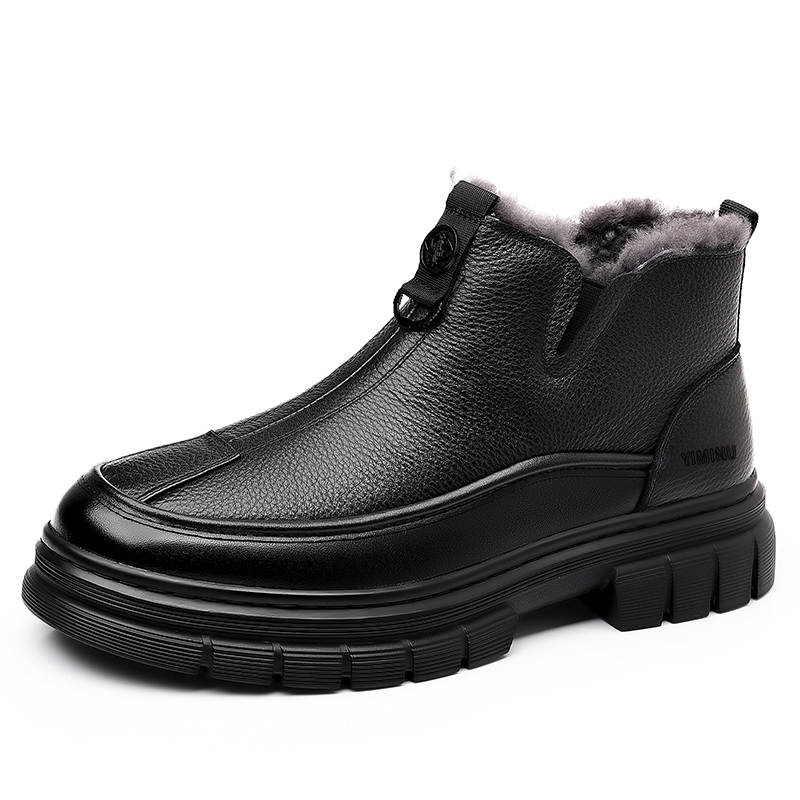 YIMINU Top Grain Cow Leather Snow Boots Men's Black