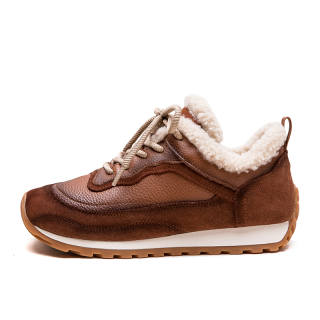 YAOQIA Top Grain Cow Leather Vintage Fleece Lined Maillard Style Thermal Low top Casual Shoes Women's