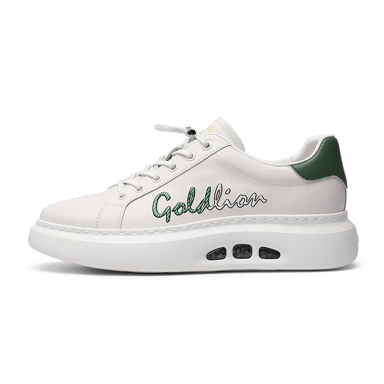 GOLDLION Top Grain Cow Leather Low top Skateboard Shoes Men's White/Green