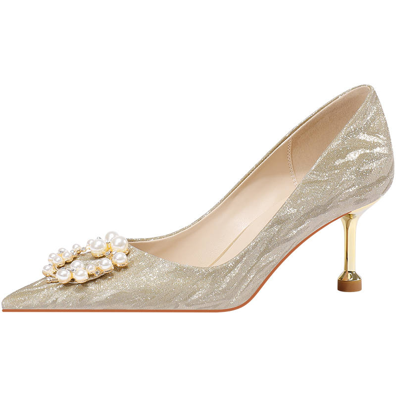LANMOU Shinny Leather Slim Heel High Heels 6.5cm Women's Gold