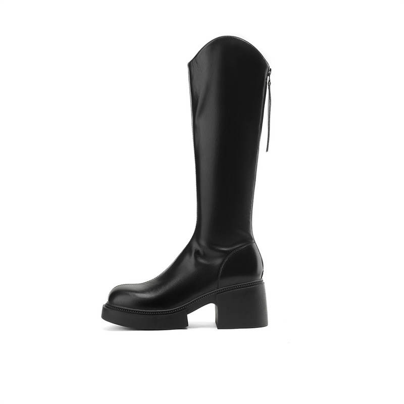 JOSINY Fall Winter, Fleece Lined Thermal, Petite, Chunky Heel High Heel Long Shaft Boots Women's Black