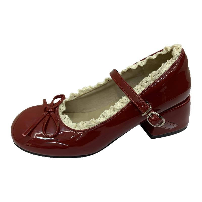 Alxnan Microfiber Leather Block Heel Mary Jane Shoes Women's Red