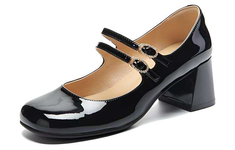 PT'SON Patent Leather Chunky Heel Mary Jane Shoes 5.8cm Women's