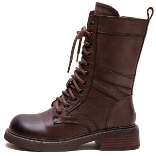 MATA Top Grain Cow Leather Crew Combat Boots 4CM Women's