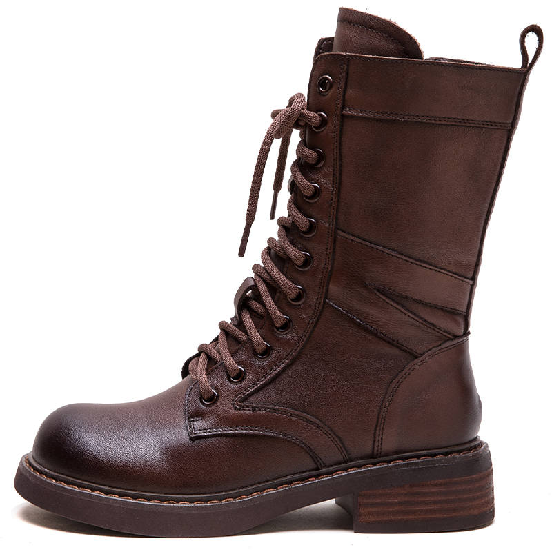 MATA Top Grain Cow Leather Crew Combat Boots 4CM Women's