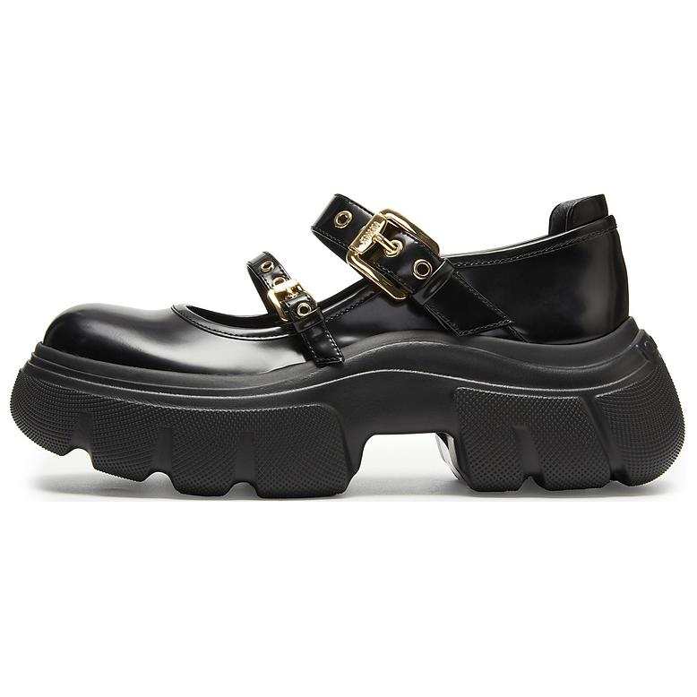 Staccato Geek Cow Leather Chunky Heel Mary Jane Shoes Women's Black