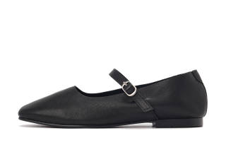 MINNETONKA Top Grain Cow Leather Flat Mary Jane Shoes Women's Black