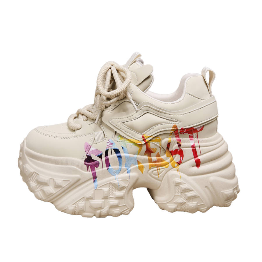 Forest Princess Synthetic Leather Height Increasing Height Increasing Low top Chunky Sneakers Women's Ecru