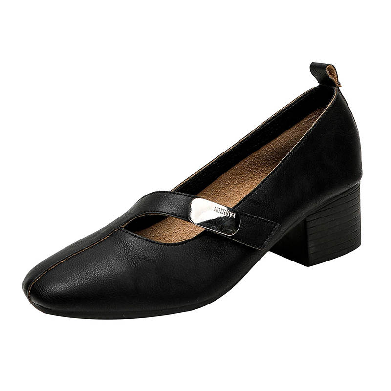 JIUXINGDAO Cow Leather Chunky Heel Mary Jane Shoes Women's