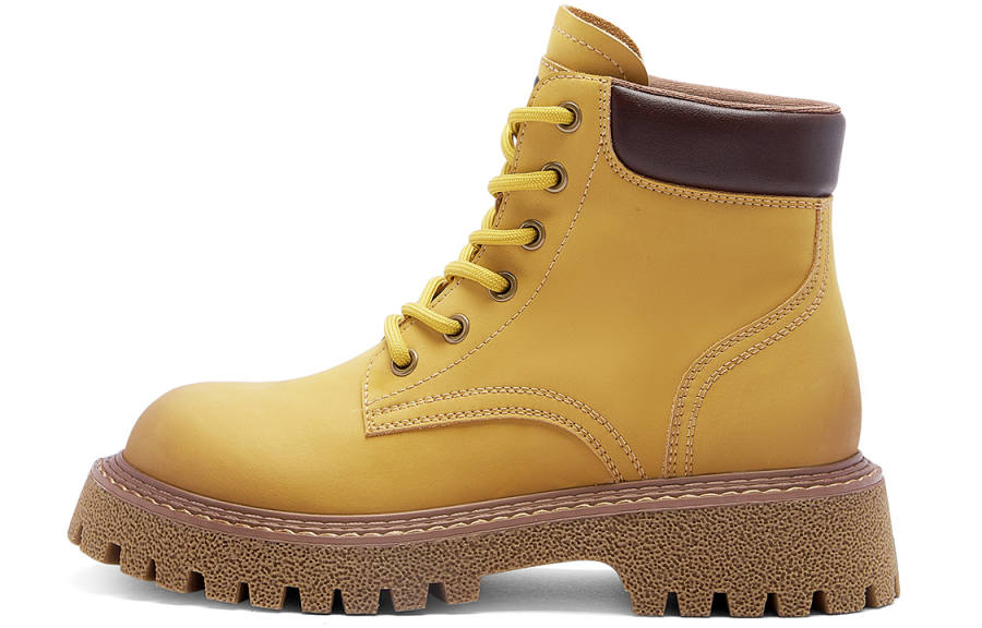 C°BANNER Leather Short Mid Calf Combat Boots Women's Yellow