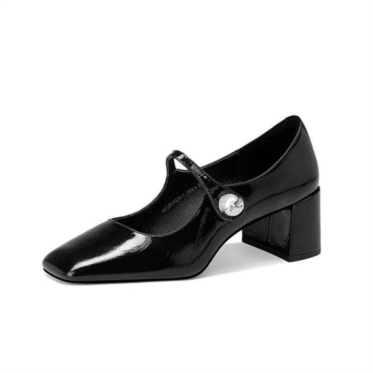 JESSICA SOPHIA Unlined Shoes Top Grain Cow Leather Chunky Heel Mary Jane Shoes 5CM Women's Black
