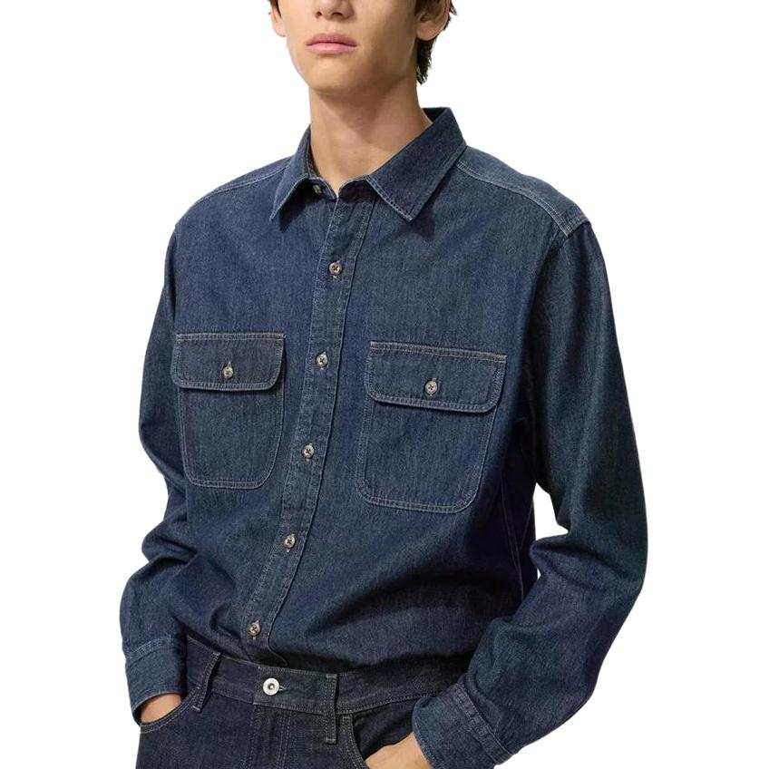 UNIQLO Shirts Unisex Dark Blue Lapel Moderate