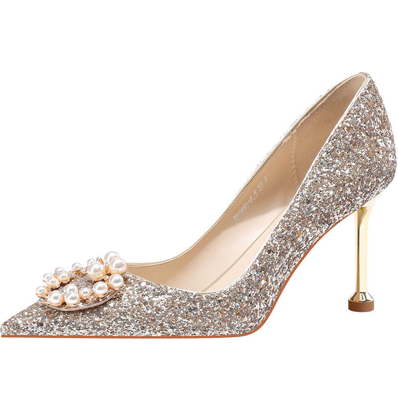 LANMOU Shinny Leather Slim Heel High Heels Women's Rose Gold