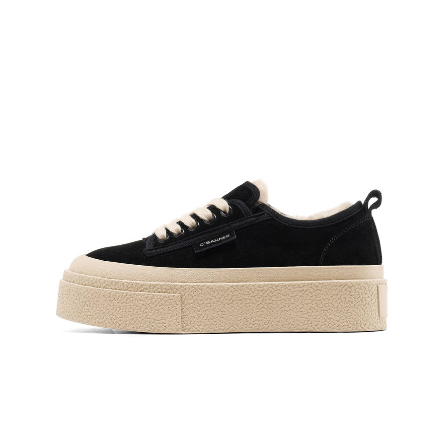 C°BANNER Cow Split Leather Fleece Lined Thermal Vintage Cookies Shoes Abrasion Resistant Low top Skateboard Shoes