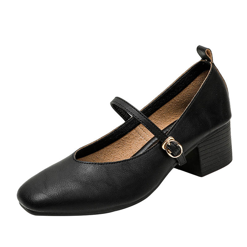 JIUXINGDAO Cow Leather Chunky Heel Mary Jane Shoes Women's