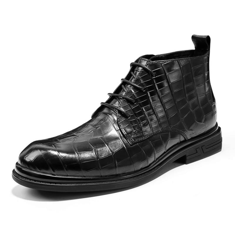 PALMPOLO Top Grain Cow Leather Fleece Lined Thermal, Premium Business Shoes Ankle Boots Men's Black