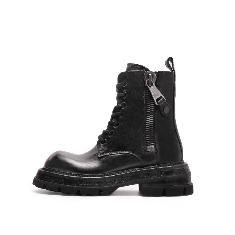 Viplander Top Grain Cow Leather Short Combat Boots Women's Black