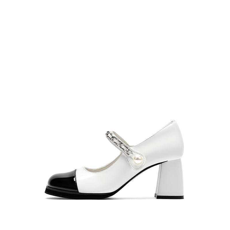 WUGUNIANG Chunky Heel Mary Jane Shoes Women's White