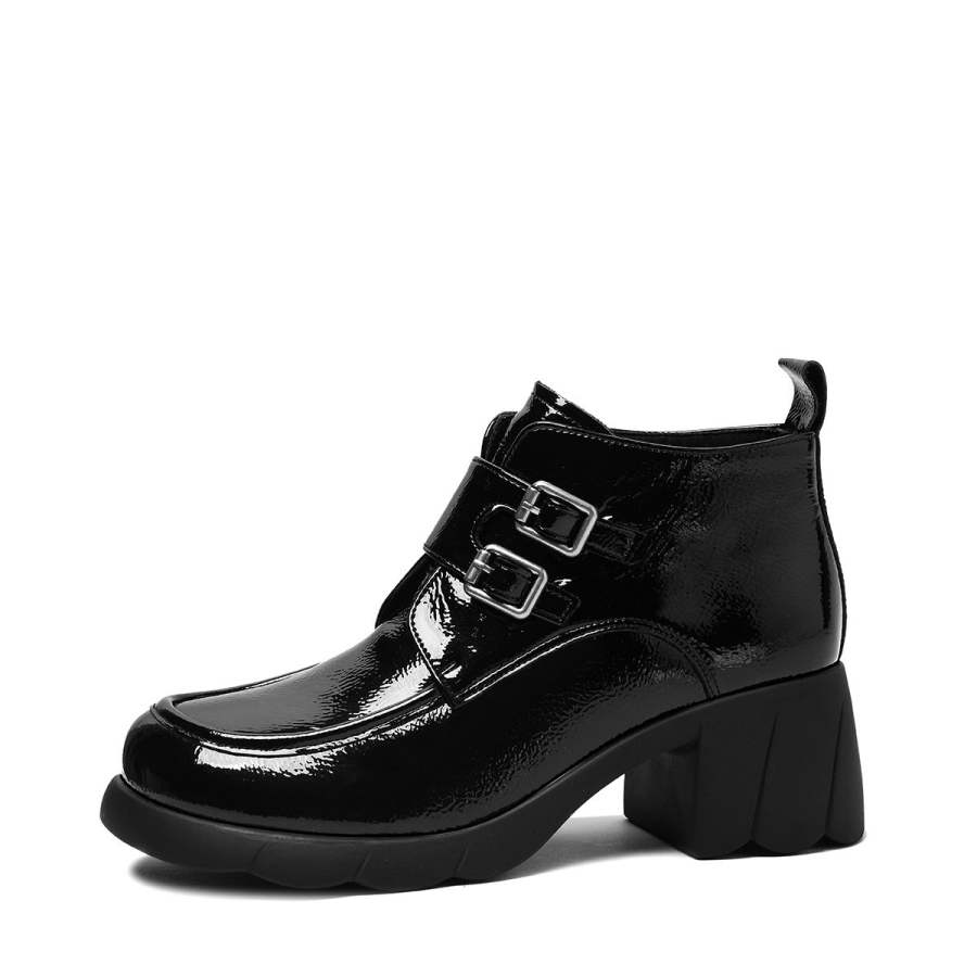 CAMEIDO Cow Leather Fashion Punk Fleece Lined Ankle Boots 6CM Women's Black