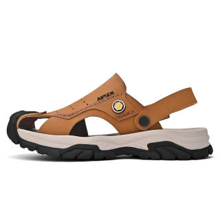 AIPSEN Top Grain Cow Leather Beach Sandals Men's Yellow Brown