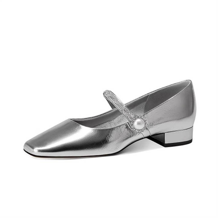 JESSICA SOPHIA Top Grain Cow Leather Chunky Heel Mary Jane Shoes 2cm Women's Silver