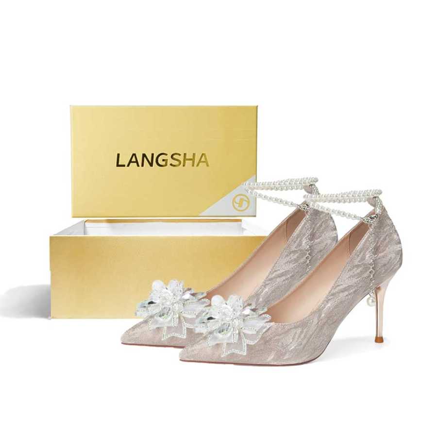Lanza Absolutely Stunning Crystal Flower Pearl Lace Up Wedding Dress Wedding Shoes With Sequins Unlined Shoes Slim Heel