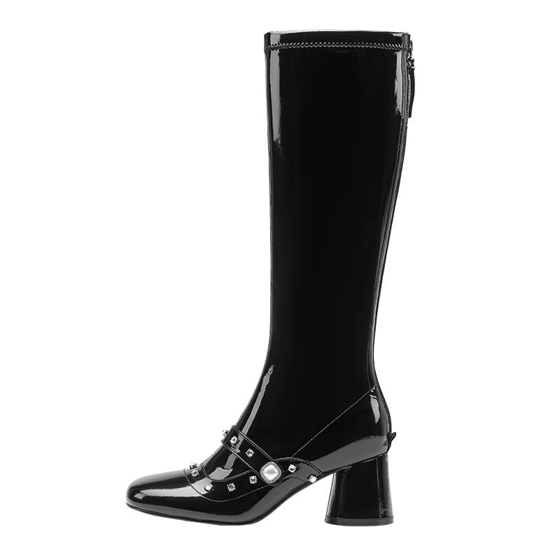 SHOESZOOO Cow Leather Knee high Boots 6.5cm Women's Hepburn Black