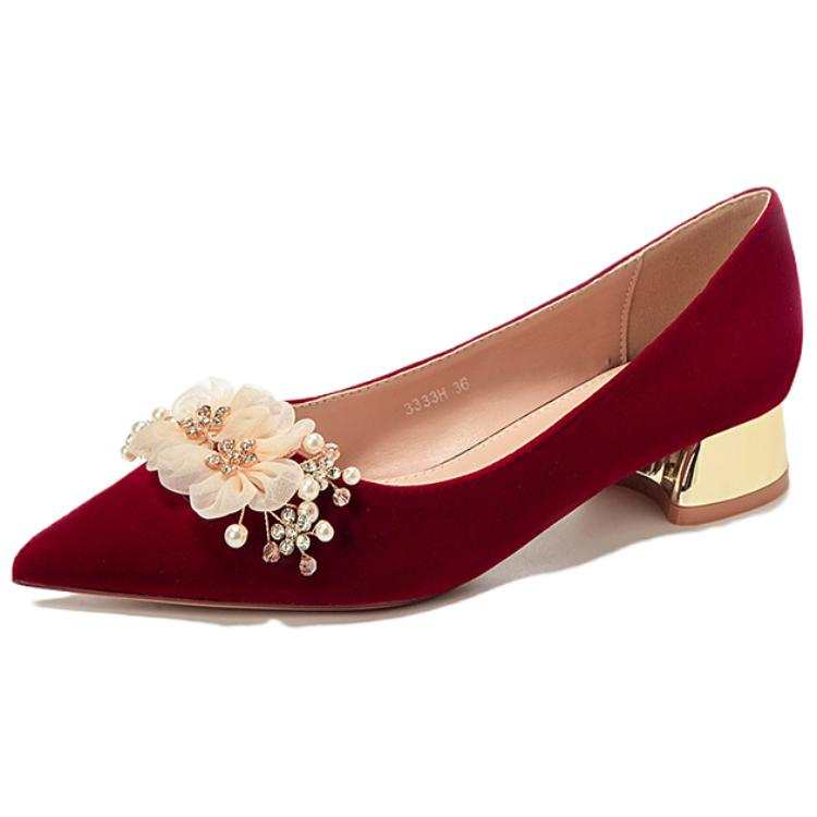 QITUMAUL Suede Chunky Heel High Heels 3cm Women's Red