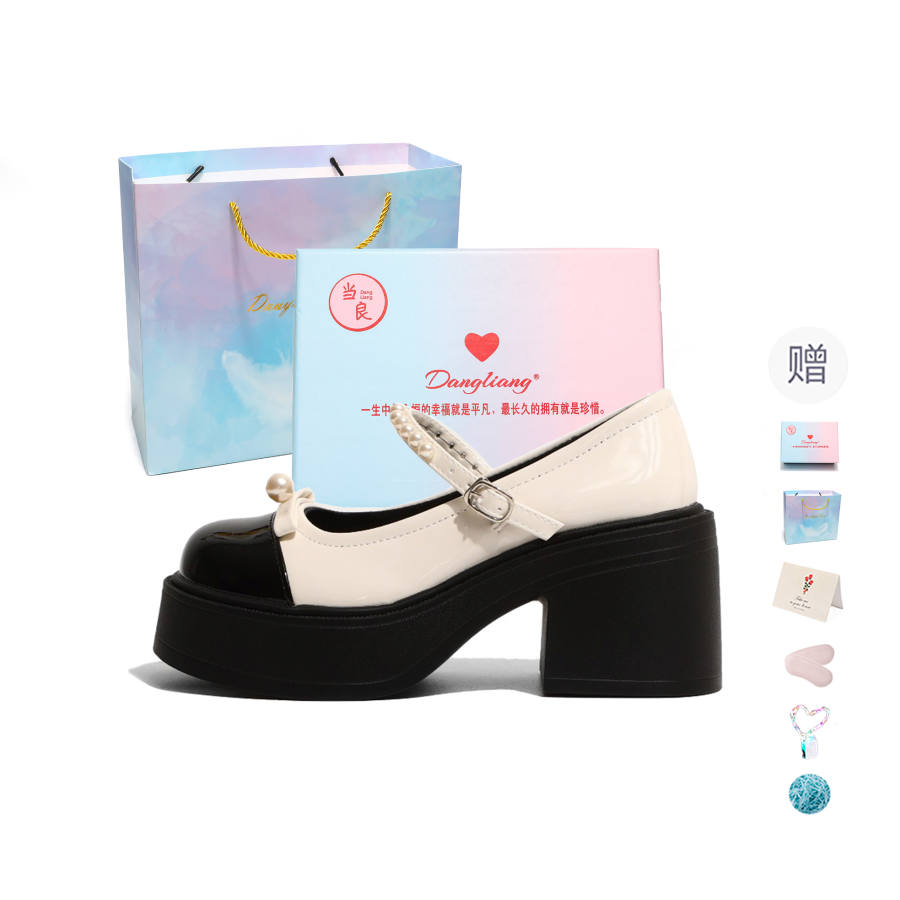 DANGLIANG Vintage Minimalist Fashion Versatile Pu Chunky Heel Mary Jane Shoes 5CM Women's Black, Ecru Gift Box Set