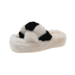 SHULUAN Long Fleece, Square Toe, Crisscross, Multicolor Lining, Fleece Lined Slide Slippers 5CM Women's Black