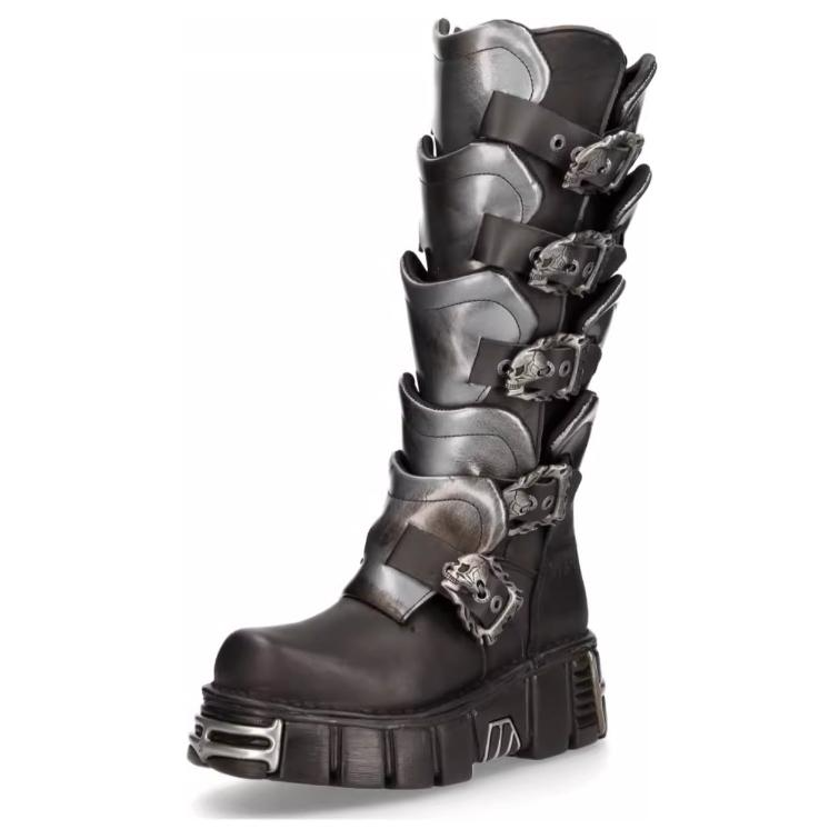 NEW ROCK Top Grain Cow Leather Knee high Boots 6CM Unisex Silver Black