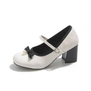 CHERRY&KALIKA Microfiber Leather Chunky Heel Mary Jane Shoes Women's Ecru