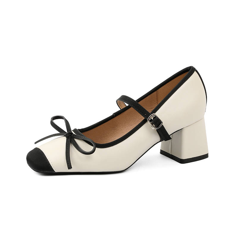 TATAYA Microfiber Leather Chunky Heel Mary Jane Shoes Women's White