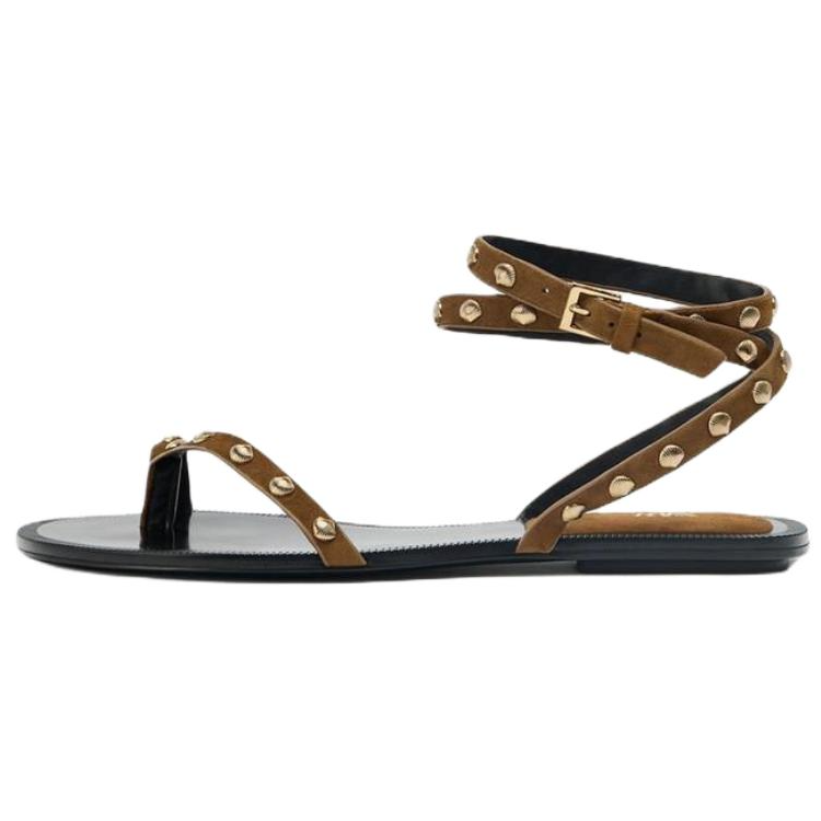 ZARA Sheepskin One Strap Sandals 1.5cm Women's Brown